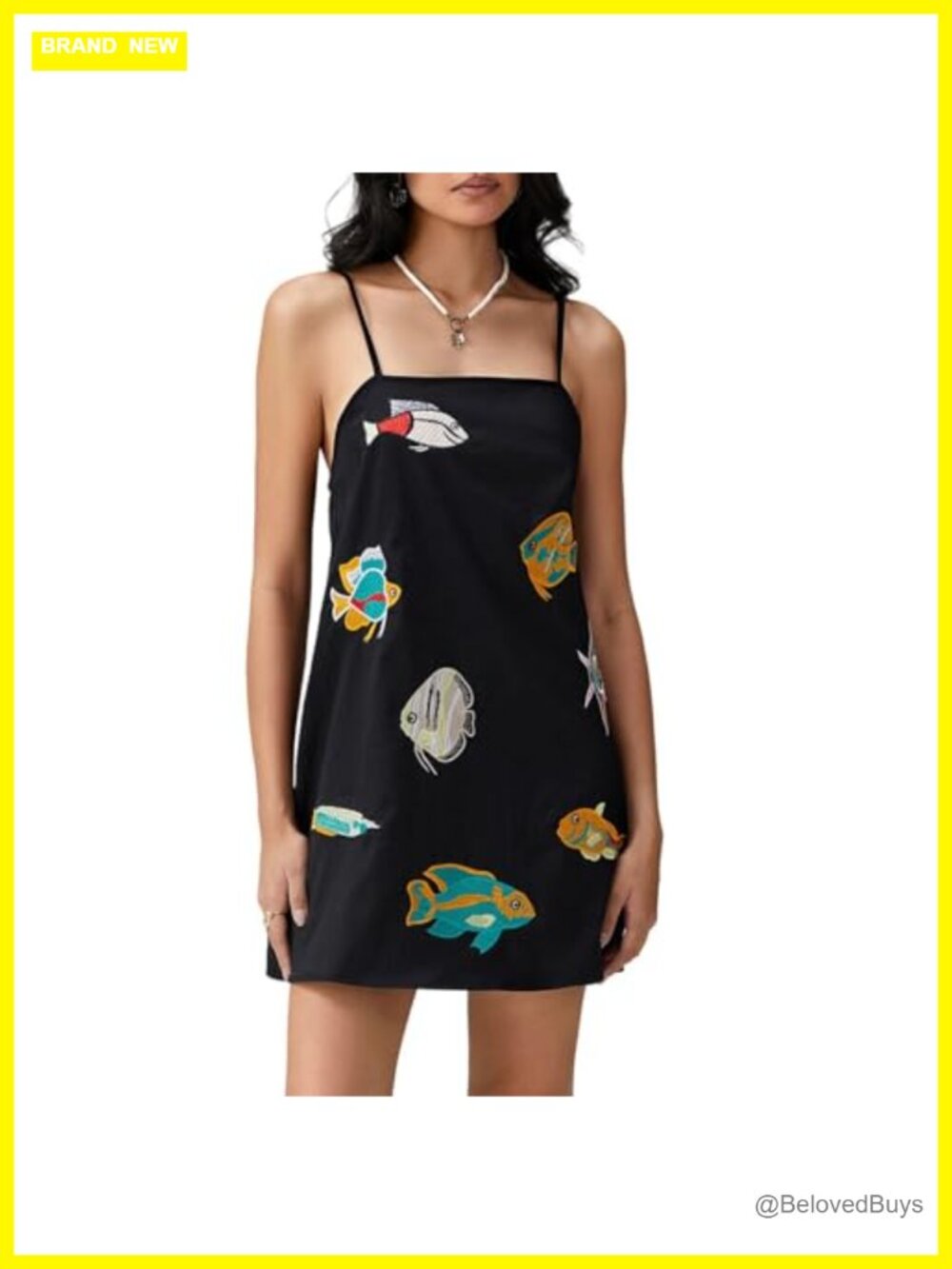 Women Seashell Fish Print Spaghetti Strap Cami Mini Beach Sundress